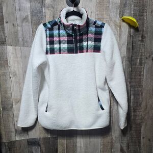 Vera Bradley White Plaid Teddy Fleece Quarter Zip Pullover Sweatshirt Medium